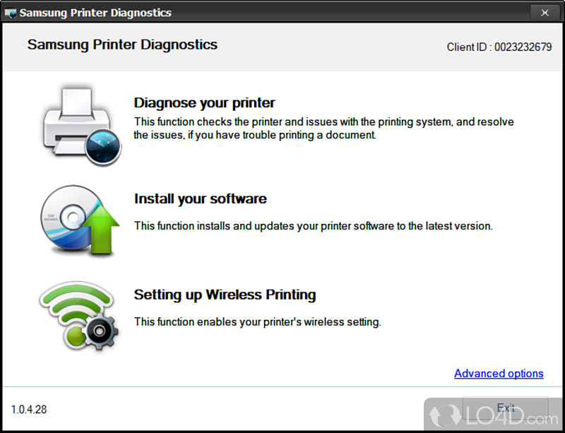 Samsung Printer Diagnostics: User interface - Screenshot of Samsung Printer Diagnostics