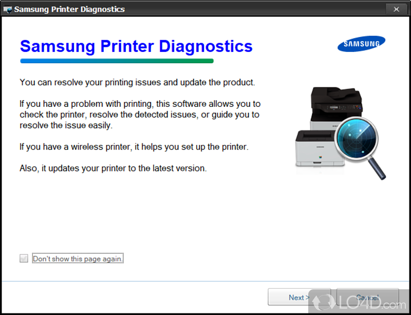 Provides troubleshooting tools and analysis for Samsung printers - Screenshot of Samsung Printer Diagnostics