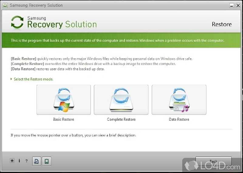 A software tool that helps you backup and restore information - Screenshot of Samsung Recovery Solution
