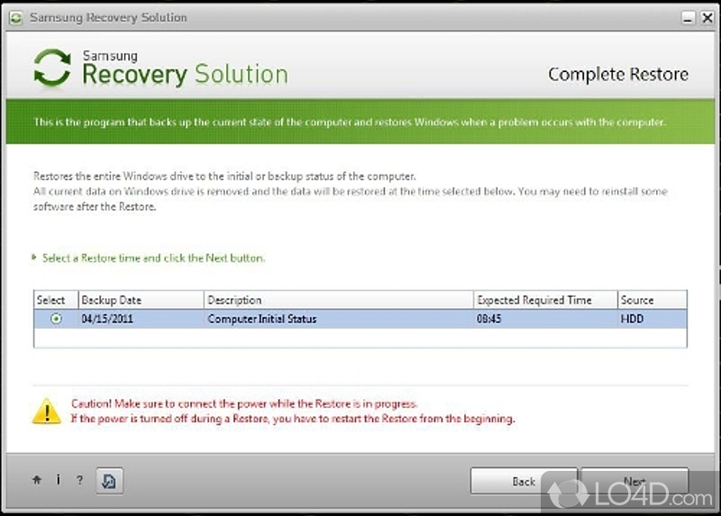 Backup and Recovery manager - Screenshot of Samsung Recovery Solution