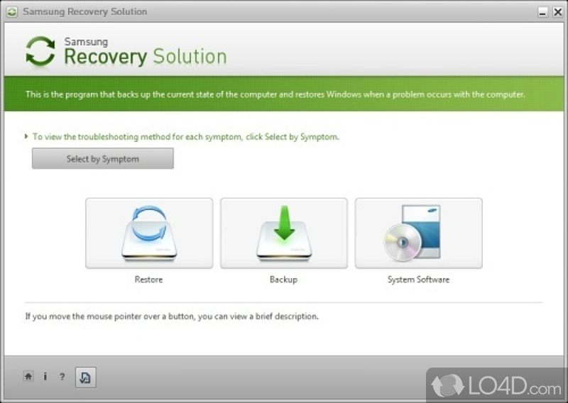 Program restores the hard disk drive when a serous problem occurs in the system - Screenshot of Samsung Recovery Solution