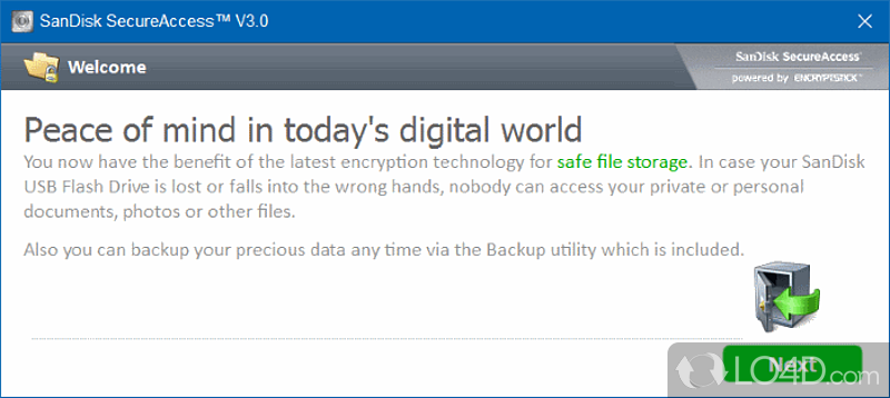 Software solution for encrypting files and folders stored in a protected vault on SanDisk USB flash drives - Screenshot of SanDisk SecureAccess