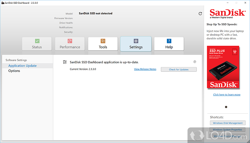 Straightforward setup and streamlined interface - Screenshot of SanDisk SSD Dashboard