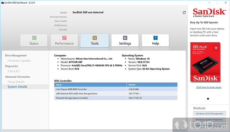 Keep SanDisk SSD device in top condition by making sure you have the latest updates - Screenshot of SanDisk SSD Dashboard