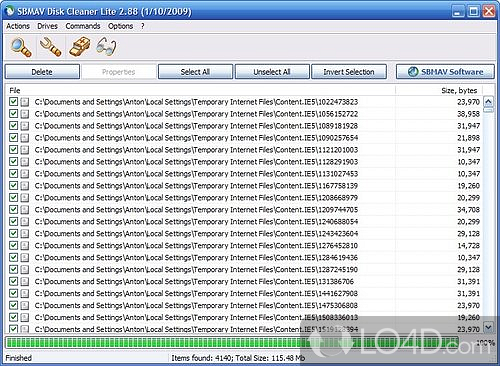 Find and remove junk files from computer to up space, such as cookies, duplicate files, temporary items and invalid shortcuts - Screenshot of SBMAV Disk Cleaner Lite