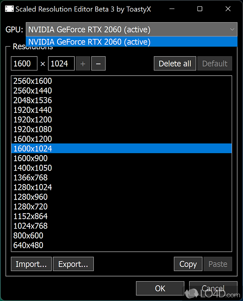 Edit the list of GPU-scaled resolutions  - Screenshot of Scaled Resolution Editor