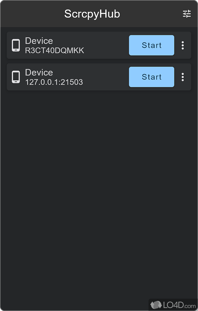 Mirror Android screen directly to the desktop so that manage apps, documents - Screenshot of ScrcpyHub