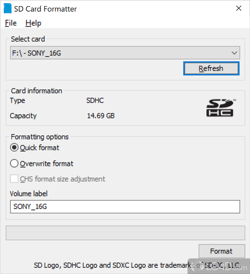 Format SD, SDHC and SDXC memory cards in quick or full mode using this speedy and app for all user levels - Screenshot of SD Card Formatter