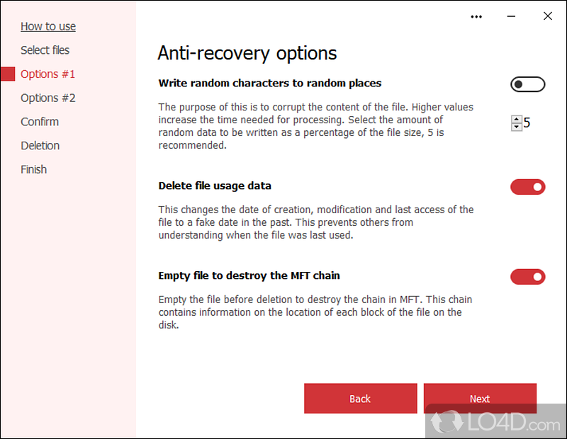 Allows you to configure several parameters before removing the content - Screenshot of Secure File Deleter