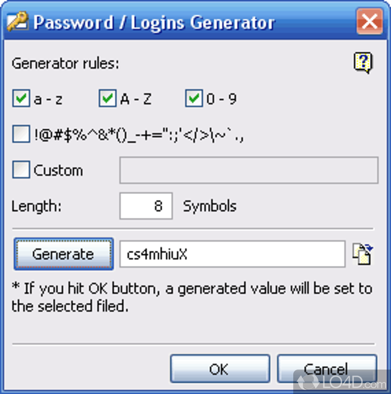 Generate random passwords under certain rules - Screenshot of SecureWord