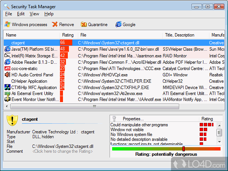 Task manager that displays the security risk rating for all active system processes - Screenshot of Security Task Manager