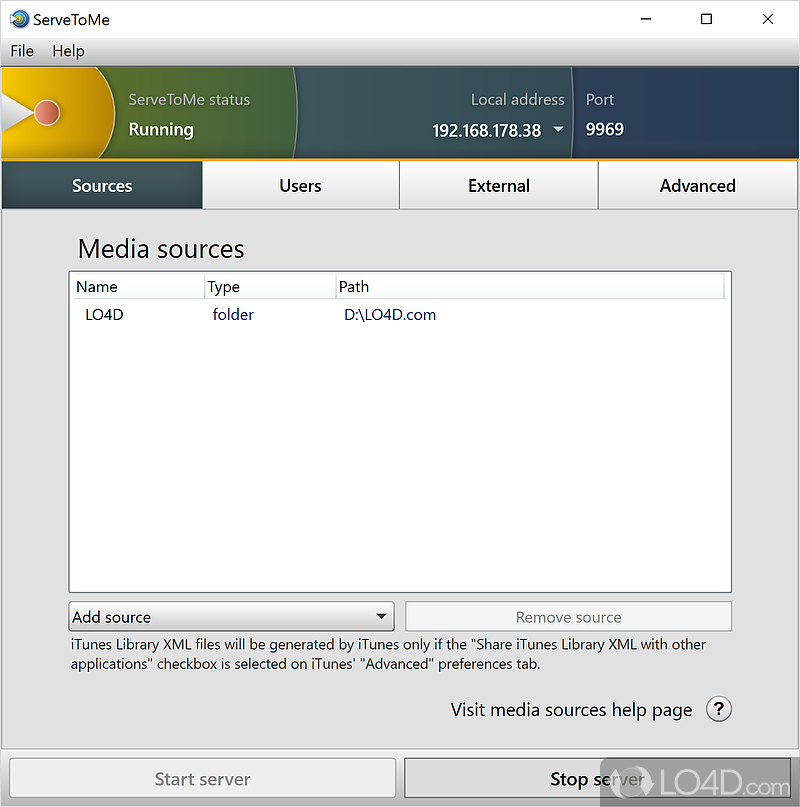 Stream media to StreamToMe app from PC - Screenshot of ServeToMe