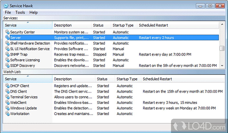Keep Windows services up and running - Screenshot of Service Hawk