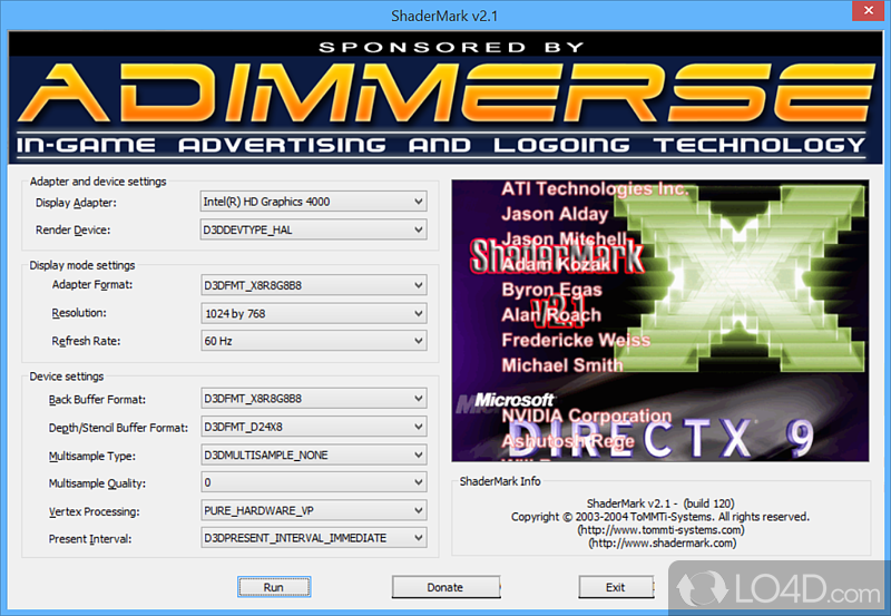 Thorough analysis of video card's shader support to get an idea of how well it can perform - Screenshot of ShaderMark