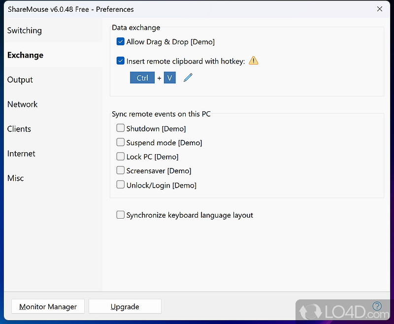 Share files, manage hotkeys, and sync power options - Screenshot of ShareMouse