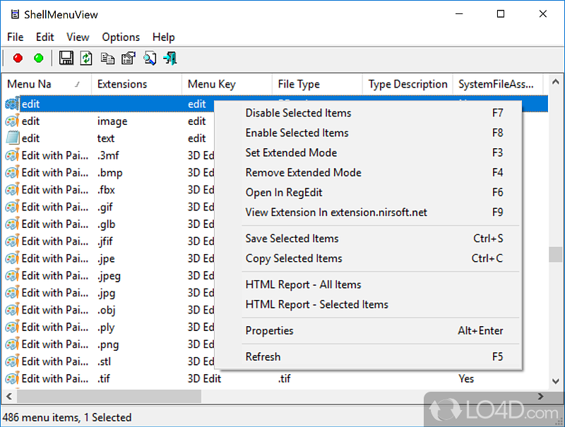 Toggle context menu entries - Screenshot of ShellMenuView