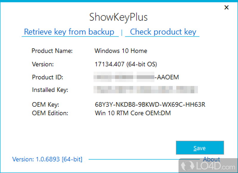 View the product key of OS by using this app that also allows you to save the data to TXT - Screenshot of ShowKeyPlus