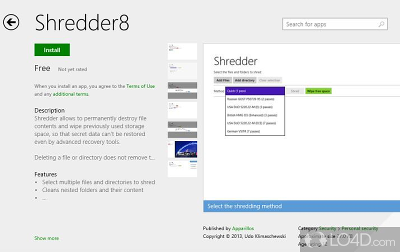 Delete sensitive data permanently from the computer - Screenshot of Shredder8 for Windows 8
