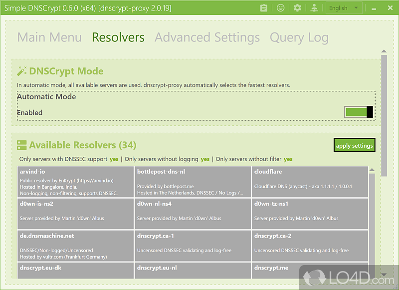 Stylish user interface - Screenshot of Simple DNSCrypt