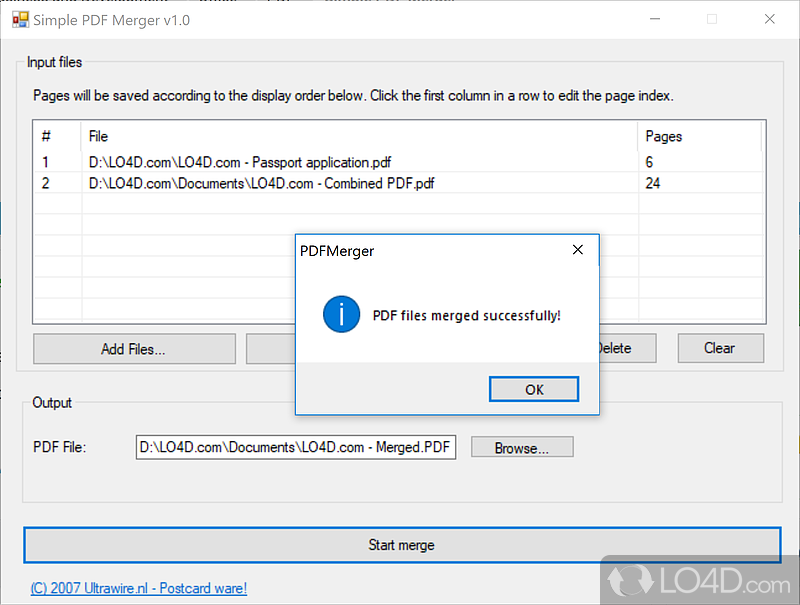 Which does exactly that, merges PDF documents - Screenshot of Simple PDF Merger