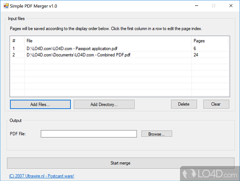 Allows you to merge multiple PDF pages into one output page - Screenshot of Simple PDF Merger