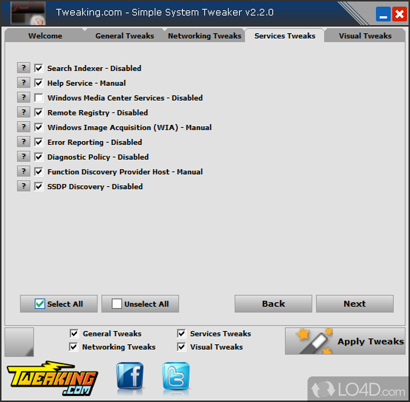 Simple System Tweaker Portable: User interface - Screenshot of Simple System Tweaker Portable