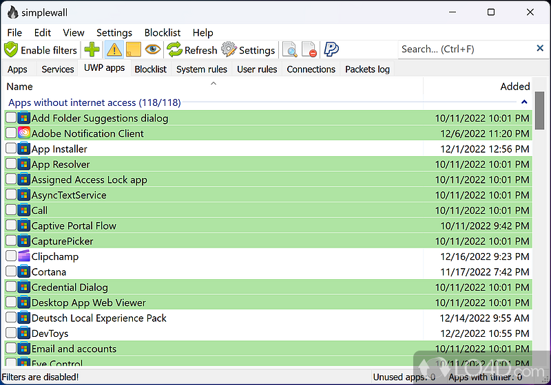 Block or allow protocols, connections or services - Screenshot of simplewall