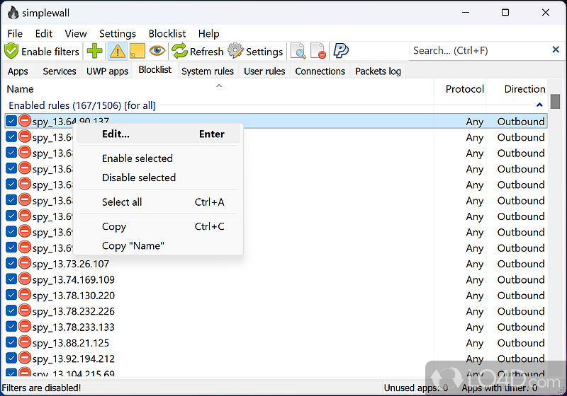 Configure your own rule set regarding network access - Screenshot of simplewall