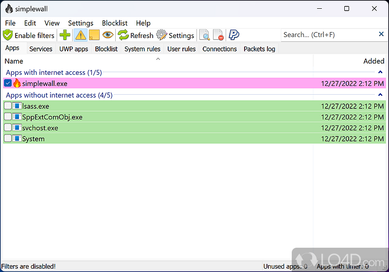 Way to configure the Windows Filtering Platform - Screenshot of simplewall