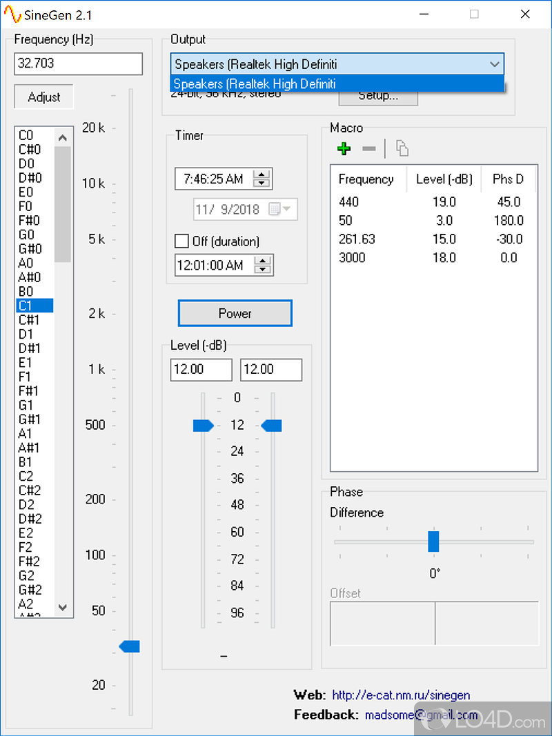 Full-blown tone & noise generator with source code - Screenshot of SineGen