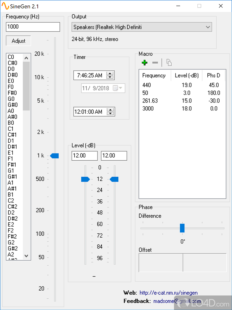 Full-blown tone/noise generator w - Screenshot of SineGen