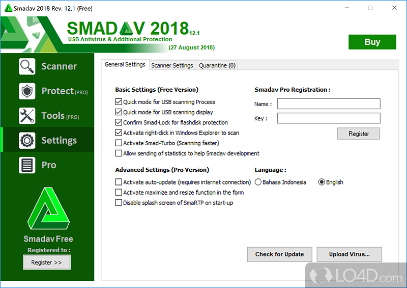 Various scanning options like USB devices, integration with the Windows shell, Smad-Turbo mode and activating a pro version - Screenshot of SmadAV