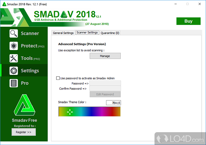 Customizable user interface for pro users with the selection of different colors and an exception list - Screenshot of SmadAV
