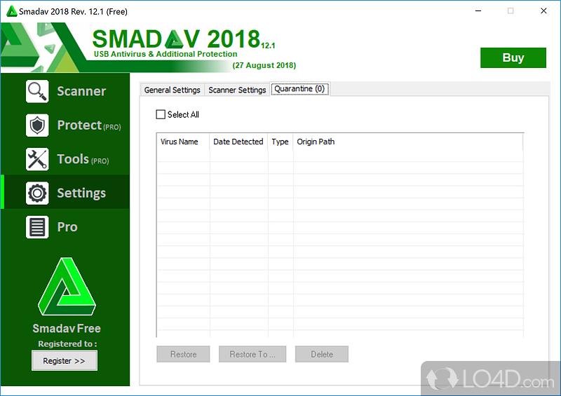 Detect and clean virus as well as managing quarantined files with the detected virus name and date - Screenshot of SmadAV