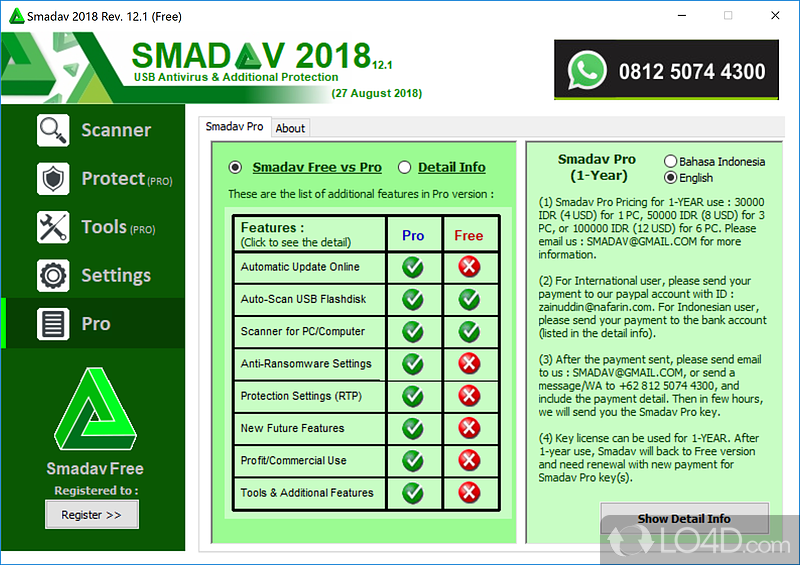 An overview of what's included in the pro version of SmadAV and the free options - Screenshot of SmadAV
