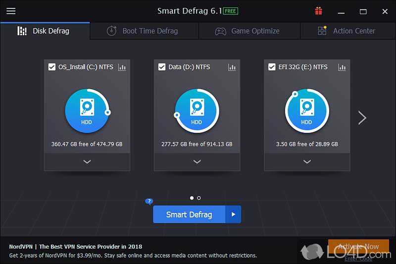 Keep hard disk running at peak performance, defragment the selected partitions - Screenshot of Smart Defrag