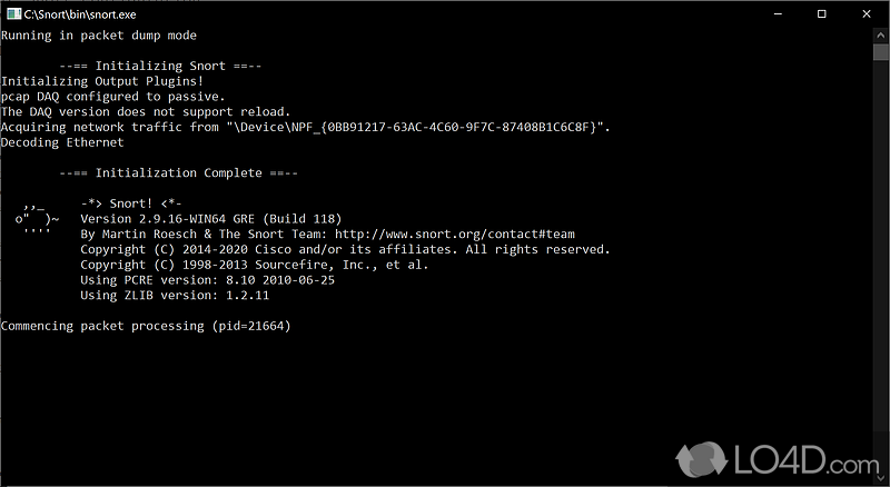 Network intrusion prevention and detection tool that can analyze traffic and sent packets in real time - Screenshot of Snort