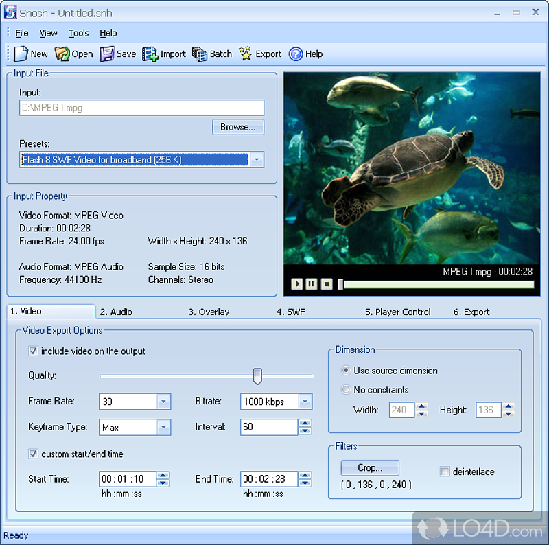 Can convert media to Flash SWF and FLW in batch mode - Screenshot of Snosh