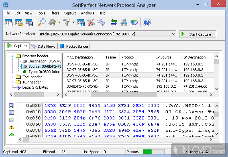 Network sniffer that helps network administrators to analyze - Screenshot of SoftPerfect Network Protocol Analyzer