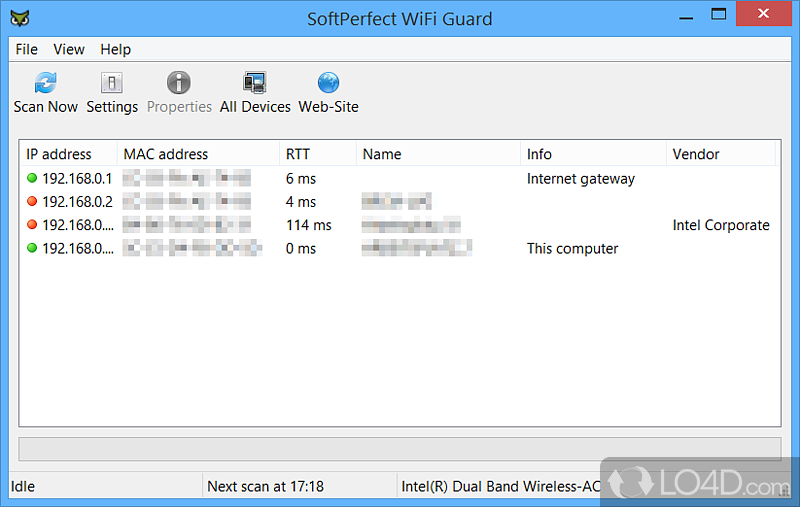 Scans the wireless network for any new connected devices that could possible belong to an intruder - Screenshot of SoftPerfect WiFi Guard