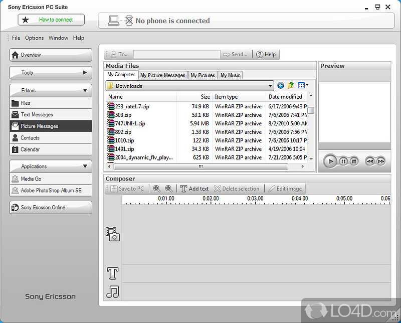 Sony Ericsson PC Suite: User interface - Screenshot of Sony Ericsson PC Suite