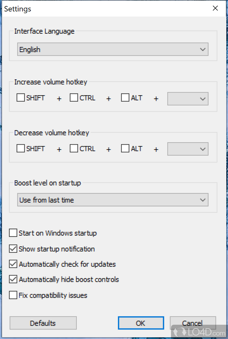 Define hotkeys to quickly lower and raise volume - Screenshot of Sound Booster