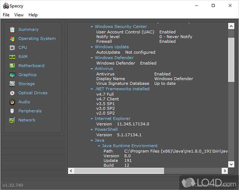 View details about a wide range of hardware components - Screenshot of Speccy