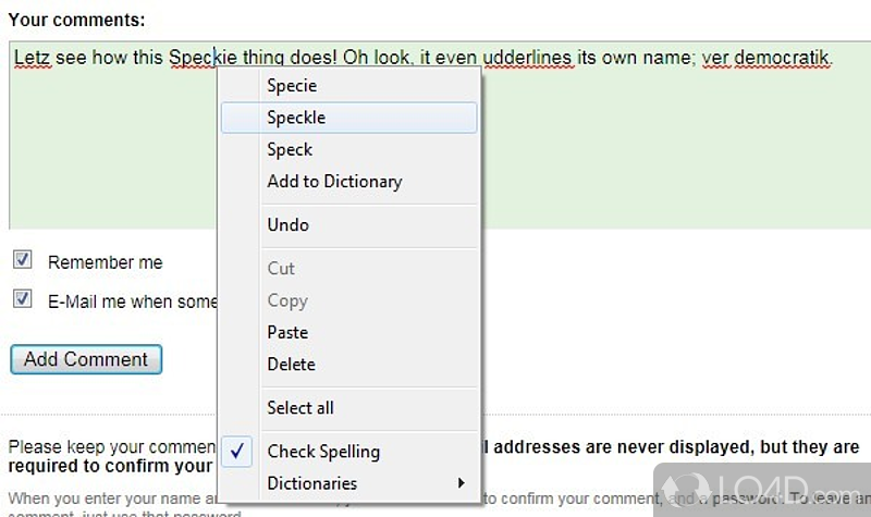 Spell checker for IE 6 and above - Screenshot of Speckie