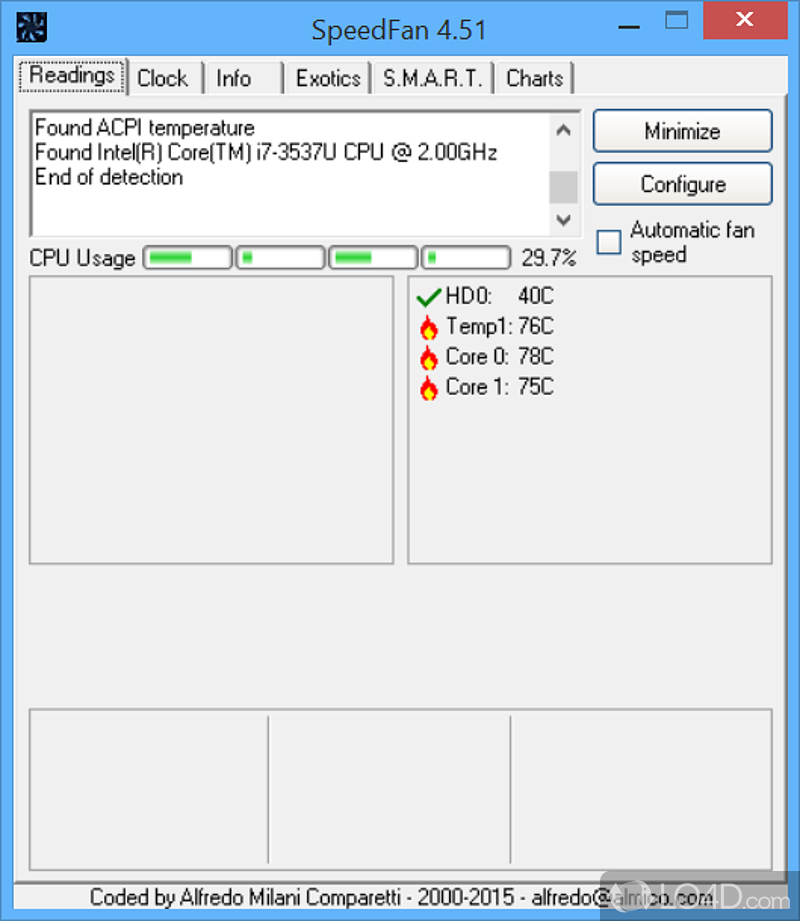 View and tweak settings for computer's fan speed, voltage and chip temperature using this utility with support for log files - Screenshot of SpeedFan