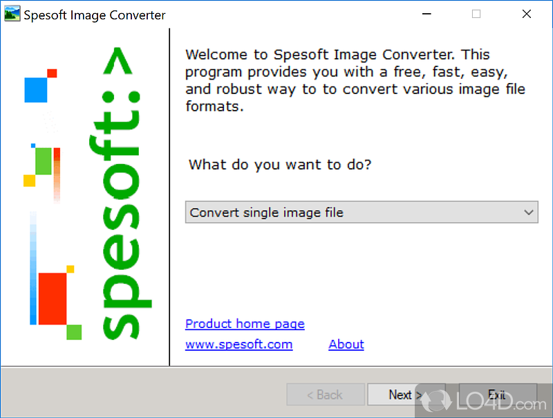 Software solution that can batch convert various image formats to JPG, PNG, TIFF, ICO - Screenshot of Spesoft Image Converter
