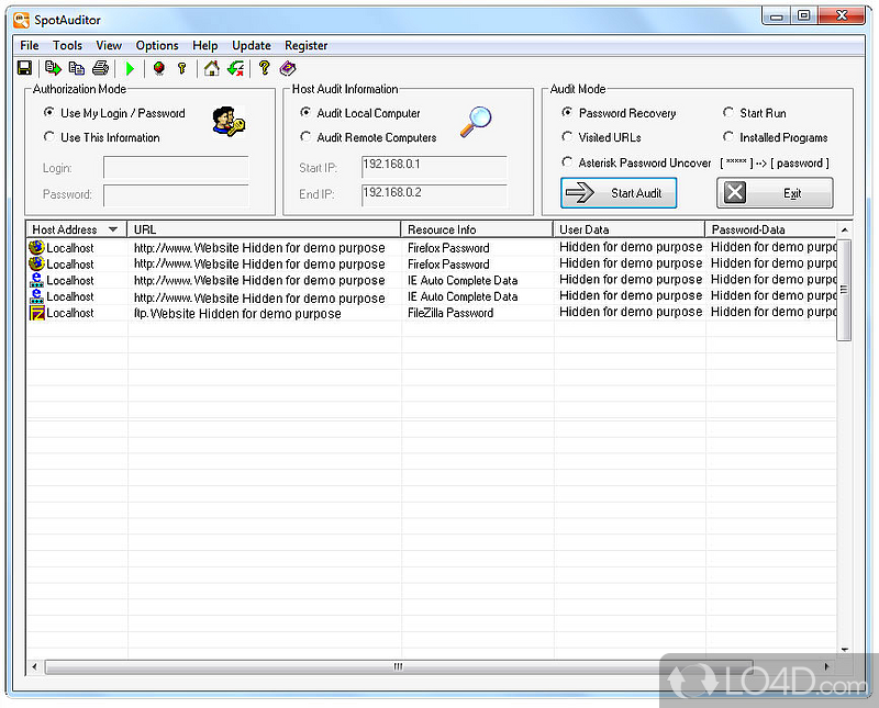 Recovers MSN,IE,Outlook,ICQ,Ras,Ftp passwords - Screenshot of SpotAuditor