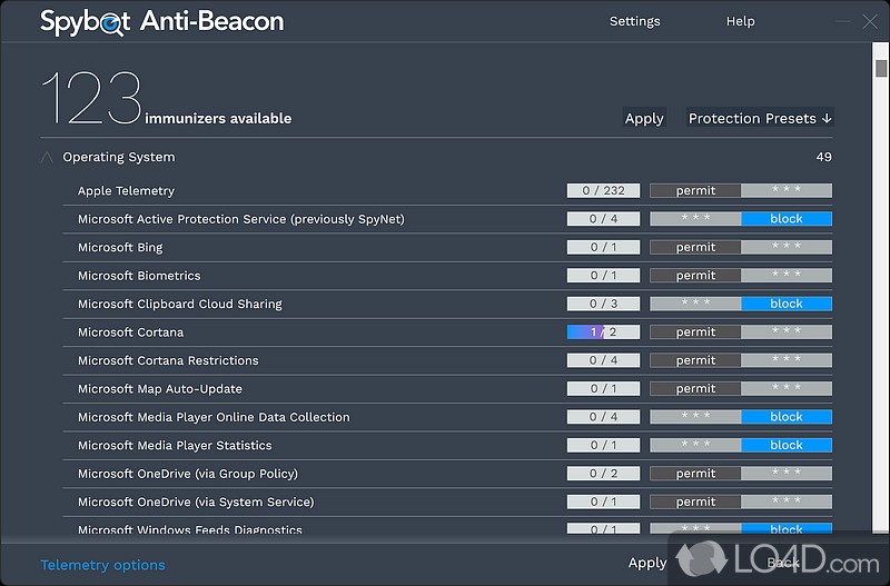 Block telemetry group policy and other tracking options - Screenshot of Spybot Anti-Beacon