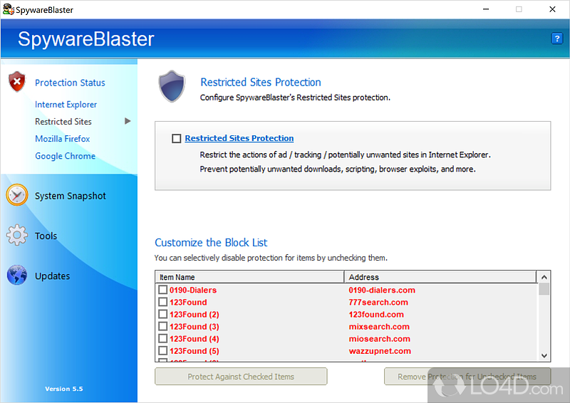 Support for multiple web browsers and disable or customize protection - Screenshot of SpywareBlaster