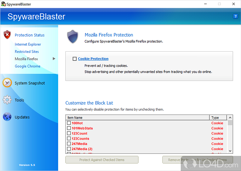 Create a restore point and tweak some parameters - Screenshot of SpywareBlaster